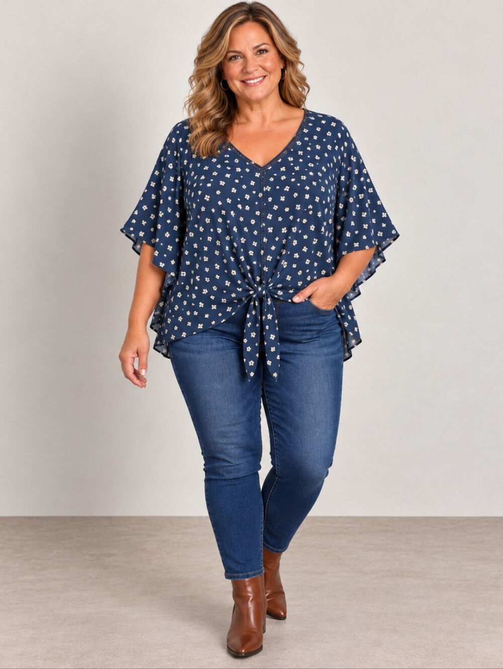 LUSH Navy Cream Floral Tie Front Flutter Sleeve Blouse 2X A384